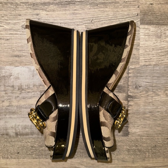 COACH Geri Black Brown Logo Print Canvas Wedge Heel Platform Sandals - US 7.5 - Picture 4 of 8